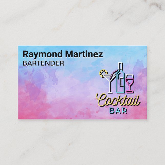 Carte De Visite Logo de bar à cocktails | Arrière - plan aquarelle (Devant)