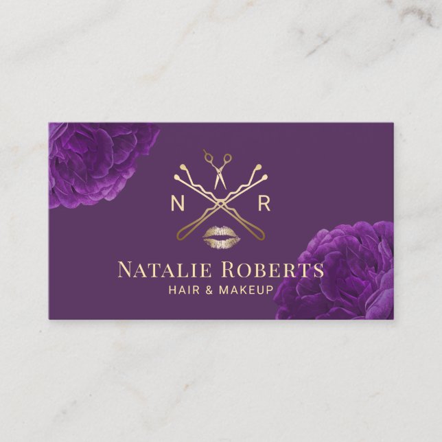 Carte De Visite Logo de beauté florale pourpre Cheveux et maquilla (Devant)