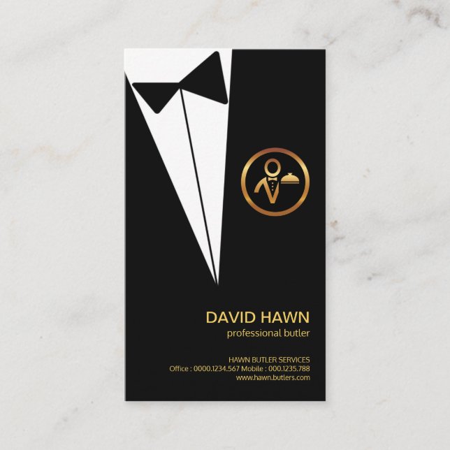 Carte De Visite Logo de Black Tuxedo Gold Boutonniere Butler (Devant)