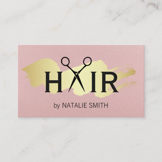 Carte De Visite Logo de cheveux brossé en or | Texture rose (Devant)