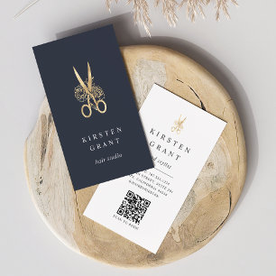 Carte De Visite Logo de ciseaux floraux or Code QR Coiffeuse