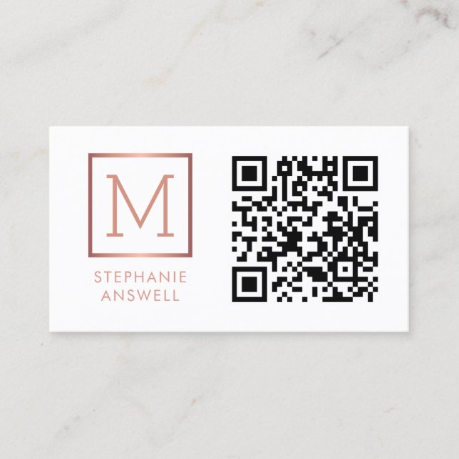 Carte De Visite Logo de code QR blanc Monogramme Rose Gold (Devant)