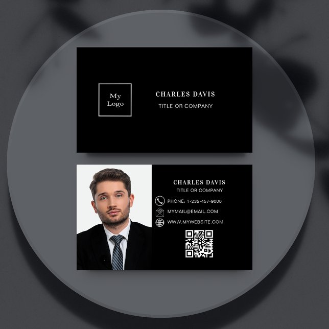 Carte De Visite Logo de code Qr de photo noir blanc (Créateur téléchargé)
