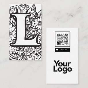Carte De Visite Logo de code QR floral noir et blanc monogramme L