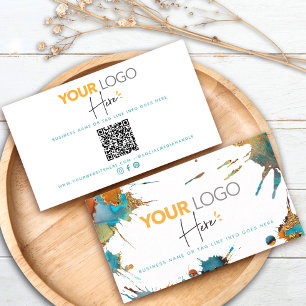 Carte De Visite Logo de code QR Gold Turquoise Aquarelle Splatter