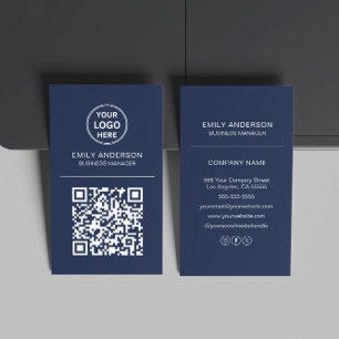 Carte De Visite Logo de code QR personnalisé Minimal Navy Blue
