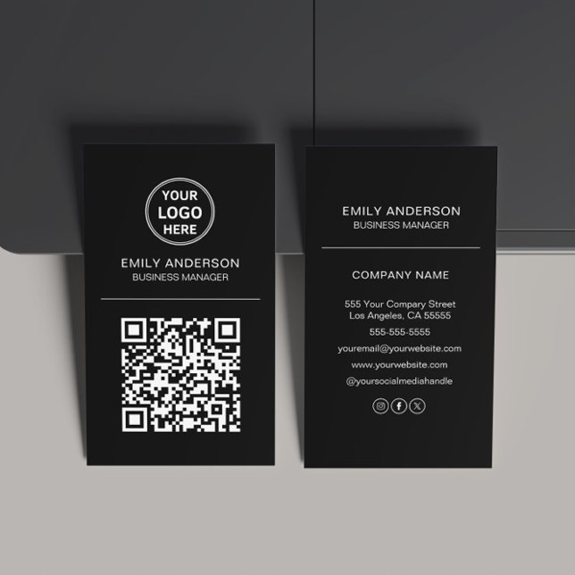 Carte De Visite Logo de code QR personnalisé noir minimal (Custom QR Code Logo Minimal Black Business Card)