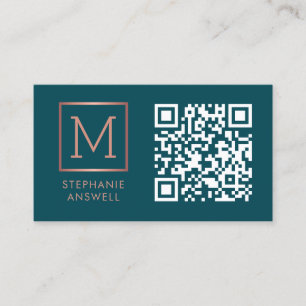 Carte De Visite Logo de code QR turquoise Monogram Rose Gold