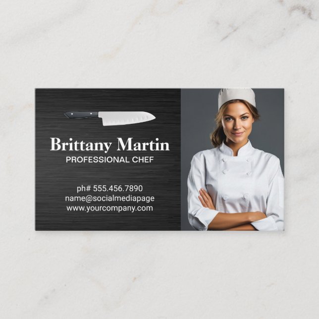 Carte De Visite Logo de cuisine | Chef femme souriante (Devant)