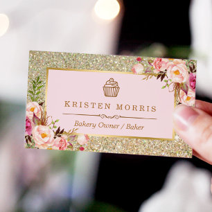 Carte De Visite Logo de la boulangerie Cupcake   Floral Pink Gold 