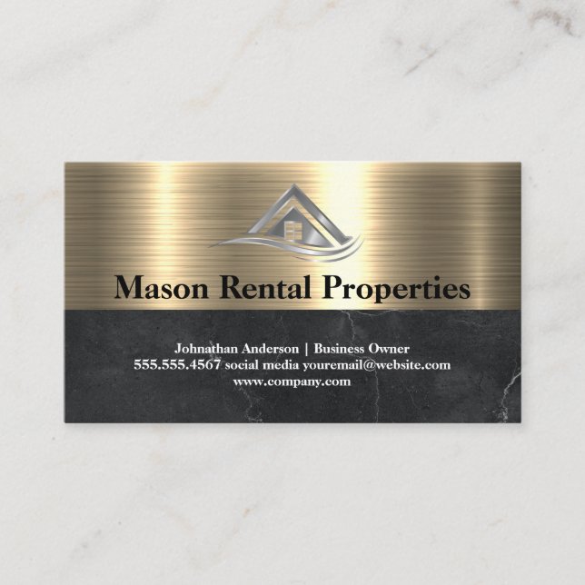 Carte De Visite Logo de la maison en métal immobilier | Marbre (Devant)