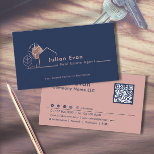 Carte De Visite Logo de la maison moderne Marine Blue Rose Gold Re