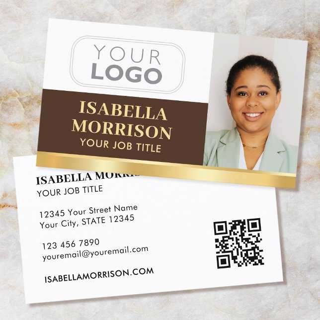 Carte De Visite Logo de la société professionnelle QR Gold Brown (Créateur téléchargé)