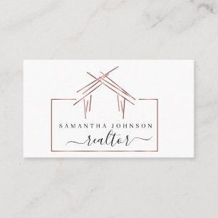 Carte De Visite Logo de l'agent immobilier avec maison en or rose 