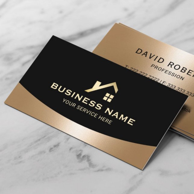 Carte De Visite Logo de l'agent immobilier Realtor Gold House Noir (Créateur téléchargé)