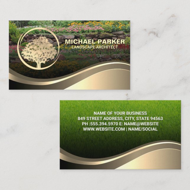 Carte De Visite Logo de l'arbre d'or | Jardin aux fleurs d'herbe (Devant / Derrière)