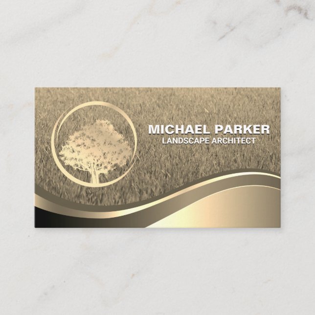 Carte De Visite Logo de l'arbre d'or | Vague métallique or (Devant)