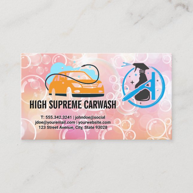 Carte De Visite Logo de lavage de voiture | Spray | Bulles de savo (Devant)