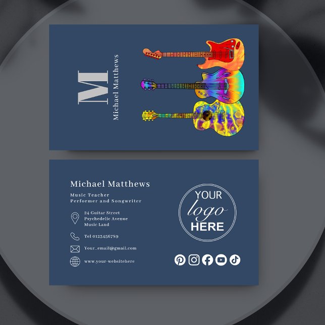 Carte De Visite Logo de l'enseignant de guitare et médias sociaux  (Modern guitar music teacher logo and social media custom blue business card)
