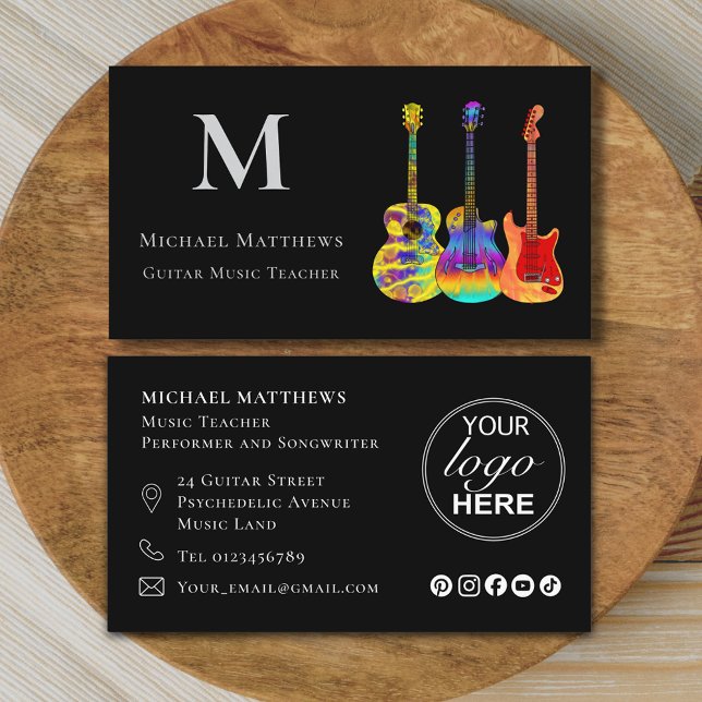 Carte De Visite Logo de l'enseignant de musique de guitare Médias  (Modern guitar music teacher professional musician logo social media Business card Colorful guitars)