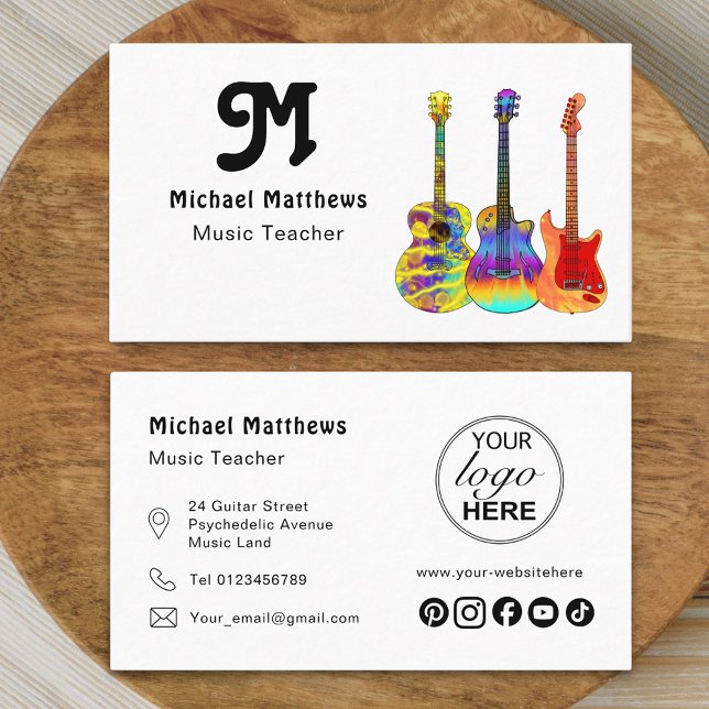 Carte De Visite Logo de l'enseignant de musique guitare et médias  (Modern retro guitar music tutor professional musician logo social media business card)