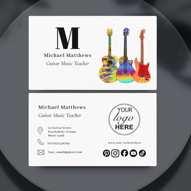 Carte De Visite Logo de l'enseignant de musique guitare et médias  (Modern guitar music teacher custom logo business card )