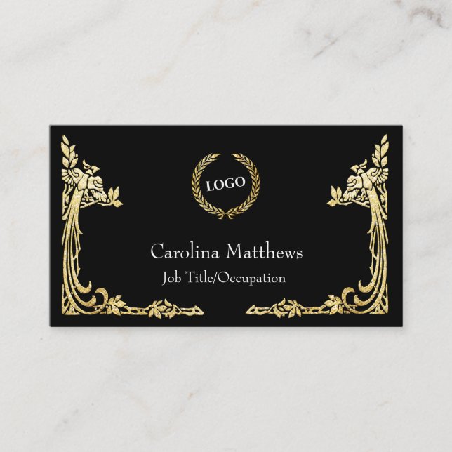 Carte De Visite Logo de l'entreprise Gold Foil Coin Peacock Noir (Devant)