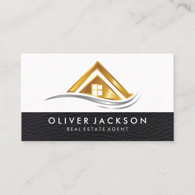 Carte De Visite Logo de l'immobilier en métal or | Cuir (Devant)