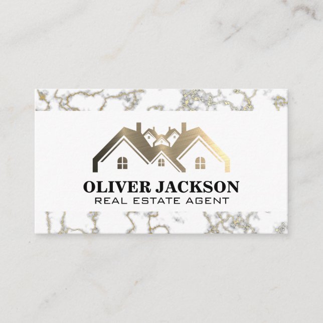 Carte De Visite Logo de l'immobilier en métal or | Marbre (Devant)