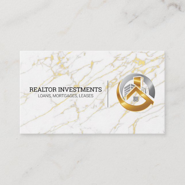 Carte De Visite Logo de l'immobilier Gold et Silver | Marbre doré (Devant)
