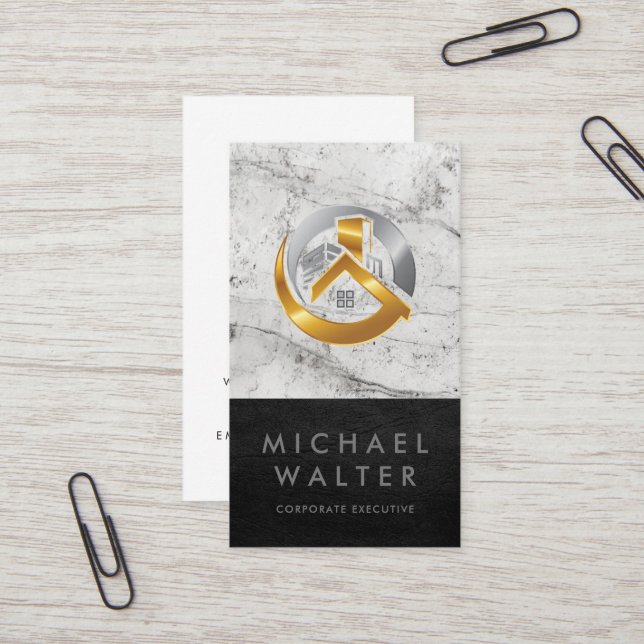 Carte De Visite Logo de l'immobilier Gold Silver | Cuir en marbre (Devant/Arrière en situation)
