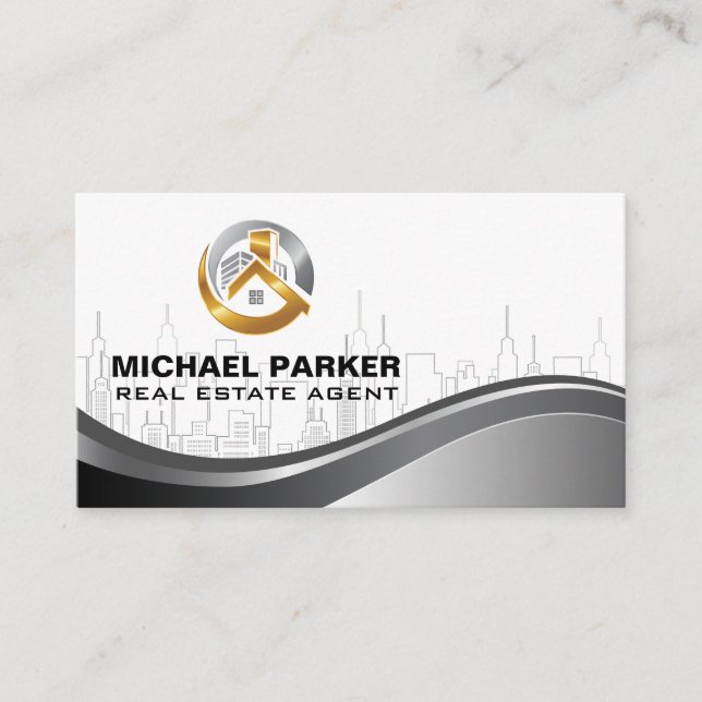 Carte De Visite Logo de l'immobilier métal or | Ville Skyline (Devant)