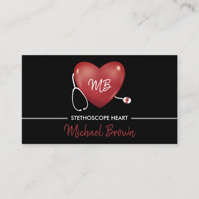 Carte De Visite Logo de l'infirmière du coeur noir Stéthoscope (Devant)