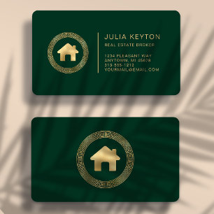 Carte De Visite Logo de maison immobilière vert or arrondi