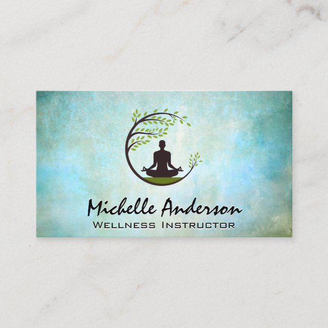 Carte De Visite Logo de méditation Arbre Arrondi | Texture bleue v (Devant)