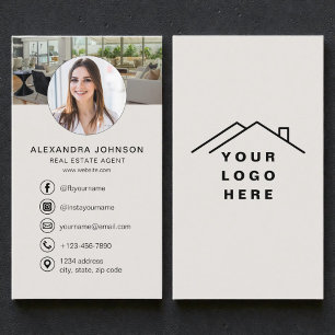 Carte De Visite Logo de photo d'agent immobilier beige pour les mé