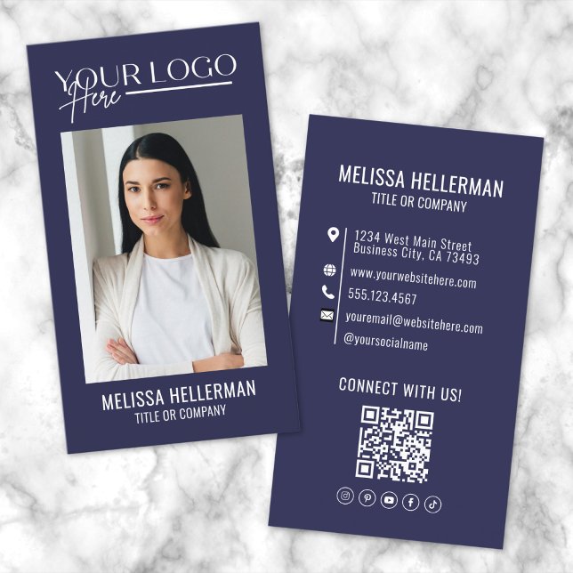 Carte De Visite Logo de photo de code QR professionnel bleu marine (Modern Navy Blue Professional QR Code Photo Logo Business Card )