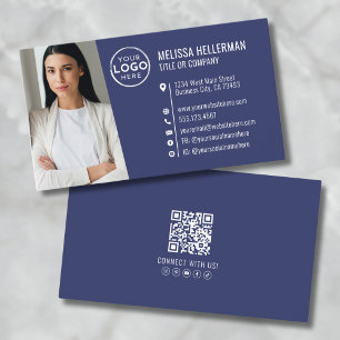 Carte De Visite Logo de photo de code QR professionnel bleu marine