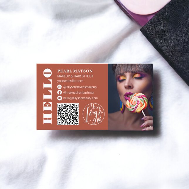 Carte De Visite Logo de photo en gras Bonjour terracotta Qr (Bold hello terracotta Qr photo logo social media Business Card)