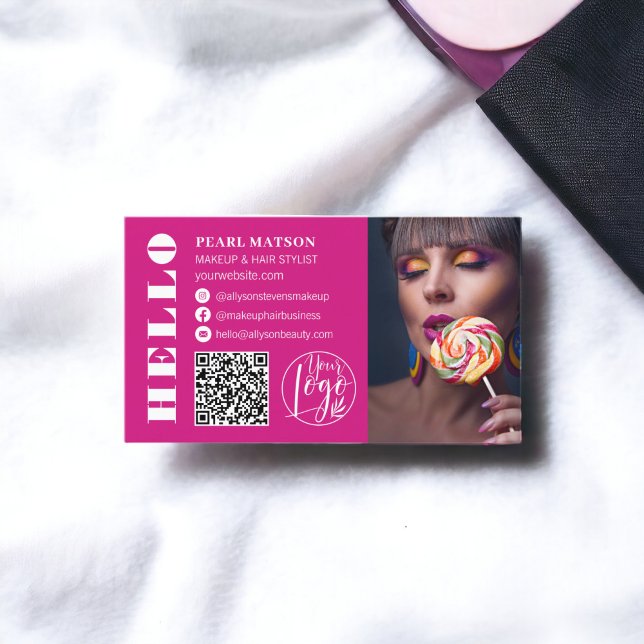 Carte De Visite Logo de photo en gras hello neon rose Qr (Bold hello neon pink Qr photo logo social media Business Card)
