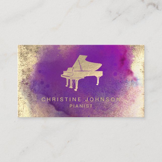 Carte De Visite logo de piano à éclaboussure d'aquarelle violette (Devant)