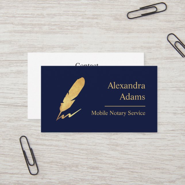 Carte De Visite Logo de plume d'or pour Notaire Mobile Indigo (Devant/Arrière en situation)