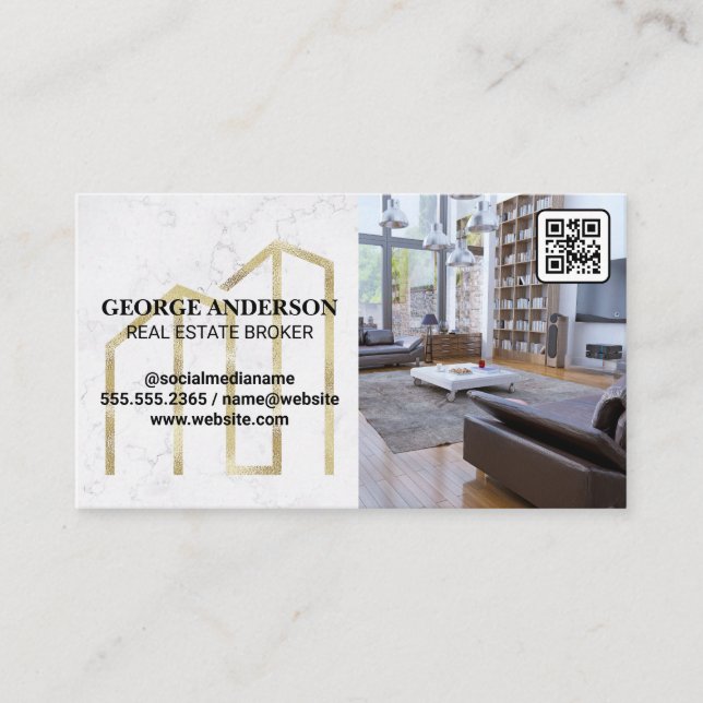 Carte De Visite Logo de propriété Gold | Salon | Code barre QR (Devant)