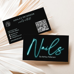 Carte De Visite Logo de script qr code glam blue neon moderne