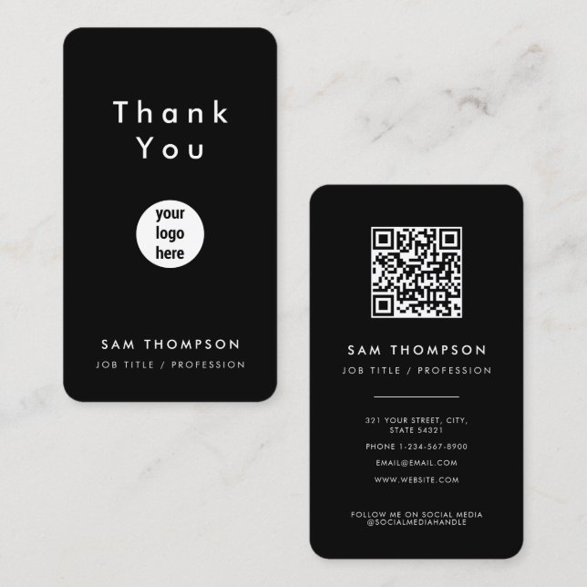 Carte De Visite Logo d'entreprise Merci QR Code Social Media Black (Devant / Derrière)
