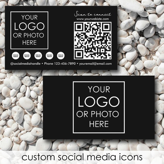 Carte De Visite Logo d'entreprise noir de code QR des médias socia (Scannable Social Media QR Code Black Business Logo Business Card)