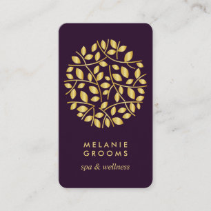 Carte De Visite Logo des feuilles d'or  Violet  yoga massage bien-