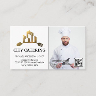 Carte De Visite Logo d'or des ustensiles de ville   Chef   Code QR
