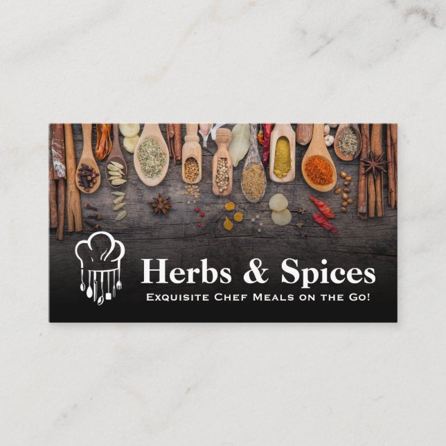 Carte De Visite Logo du chef | Herbes et épices sur cuillères (Devant)