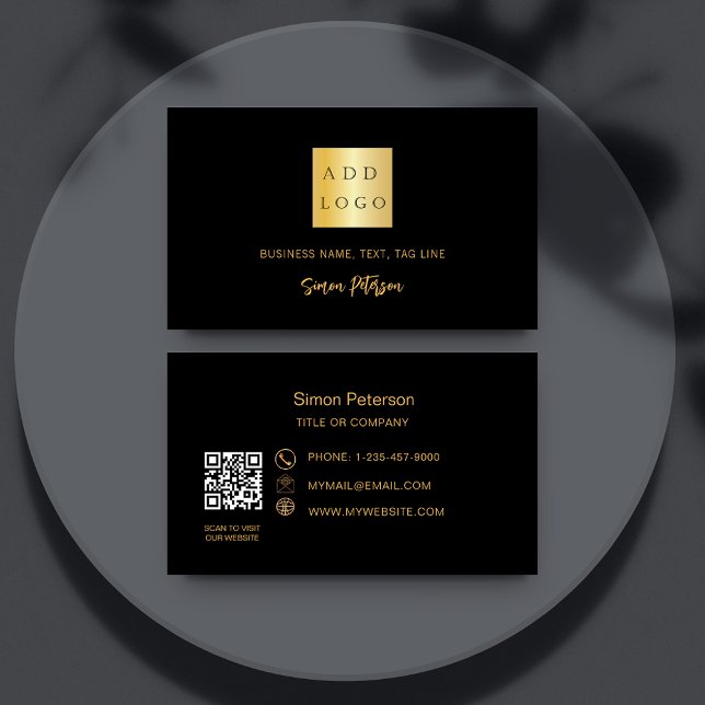 Carte De Visite Logo du code QR du script de signature en or noir (Créateur téléchargé)